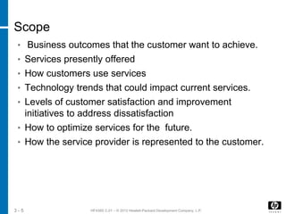 HF438S C.01 – © 2012 Hewlett-Packard Development Company, L.P.3 - 5
Scope
• Business outcomes that the customer want to achieve.
• Services presently offered
• How customers use services
• Technology trends that could impact current services.
• Levels of customer satisfaction and improvement
initiatives to address dissatisfaction
• How to optimize services for the future.
• How the service provider is represented to the customer.
 