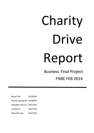 Charity 
Drive 
Report 
Business Final Project 
FNBE FEB 2014 
Bryan Teh 0318590 
Darren Loong (A) 0318029 
Ong Min Junn (L) 0317767 
Tristan Yu 0317729 
Woo Shir Ley 0317732 
 