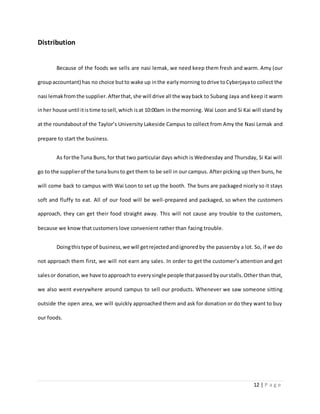 12 | P a g e
Distribution
Because of the foods we sells are nasi lemak, we need keep them fresh and warm. Amy (our
groupaccountant) has no choice butto wake up inthe earlymorning todrive toCyberjayato collect the
nasi lemakfromthe supplier.Afterthat, she will drive all the wayback to Subang Jaya and keep it warm
inher house until itistime tosell,which isat 10:00am in the morning. Wai Loon and Si Kai will stand by
at the roundabout of the Taylor’s University Lakeside Campus to collect from Amy the Nasi Lemak and
prepare to start the business.
As forthe Tuna Buns,for that two particular days which is Wednesday and Thursday, Si Kai will
go to the supplierof the tuna bunsto get them to be sell in our campus. After picking up then buns, he
will come back to campus with Wai Loon to set up the booth. The buns are packaged nicely so it stays
soft and fluffy to eat. All of our food will be well-prepared and packaged, so when the customers
approach, they can get their food straight away. This will not cause any trouble to the customers,
because we know that customers love convenient rather than facing trouble.
Doingthistype of business,we will getrejectedandignoredby the passersby a lot. So, if we do
not approach them first, we will not earn any sales. In order to get the customer’s attention and get
salesor donation,we have toapproach to everysingle people thatpassedbyourstalls.Other than that,
we also went everywhere around campus to sell our products. Whenever we saw someone sitting
outside the open area, we will quickly approached them and ask for donation or do they want to buy
our foods.
 