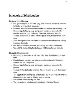 17 
 
Schedule of Distribution 
 
8th June 2015, Monday  
­ Brought two types of fish balls (Big, fried fishballs and small not fried 
fishballs) to try out their sales rate 
­ Fishballs were transported from market to campus via Zhi Yong’s car 
­ Cooked a pot of curry soup using curry paste and coconut milk 
powder which brought by Foong Wing Hoe and Yong Man Kit 
­ Tossed 20 fishballs at a time into the pot of curry to cook them each 
time 
­ After the big fish balls are sold out, we continue our business selling 
the small fish balls 
­ Got feedback from customers that the big fish balls taste better 
­ We sold 17 sticks of big fish balls and 13 Sticks of small fishballs 
 
9th June 2015, Tuesday 
­ Brought only one types of fish balls (Big, fried fishballs) and 20 egg 
tarts 
­ Fish balls and egg tarts were transported from Ignatius’ house to 
campus via Zhi Yong’s car 
­ Cooked a pot of curry soup using curry paste and coconut milk 
powder 
­ Tossed 20 fish balls at a time into the pot of curry to cook them each 
time 
­ The egg tarts are selling fast and are sold out in  3 hours only and we 
planned to order another 30 egg tarts tomorrow.  
­ We sold 58 sticks of curry fish balls 
­ The remaining products were then stored in Ignatius’ house  
 
 
 