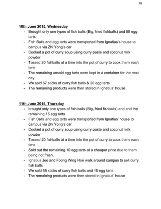 18 
 
10th June 2015, Wednesday 
­ Brought only one types of fish balls (Big, fried fishballs) and 50 egg 
tarts 
­ Fish Balls and egg tarts were transported from Ignatius’s house to 
campus via Zhi Yong’s car 
­ Cooked a pot of curry soup using curry paste and coconut milk 
powder 
­ Tossed 20 fishballs at a time into the pot of curry to cook them each 
time 
­ The remaining unsold egg tarts were kept in a container for the next 
day 
­ We sold 67 sticks of curry fish balls & 20 egg tarts 
­ The remaining products were then stored in Ignatius’ house  
 
 
11th June 2015, Thursday 
­ brought only one types of fish balls (Big, fried fishballs) and and the 
remaining 15 egg tarts 
­ Fish Balls and egg tarts were transported from Ignatius’ house to 
campus via Zhi Yong’s car 
­ Cooked a pot of curry soup using curry paste and coconut milk 
powder 
­ Tossed 20 fishballs at a time into the pot of curry to cook them each 
time 
­ Sold out the remaining 10 egg tarts at a cheaper price due to them 
being not fresh. 
­ Ignatius Jee and Foong Wing Hoe walk around campus to sell curry 
fish balls 
­ We sold 85 sticks of curry fish balls and 10 egg tarts 
­ The remaining products were then stored in Ignatius’ house  
 
 
 