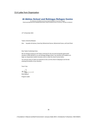 | Foundation in Natural and Built Environment | January Intake 2015 | Introduction To Business | BUS 30104 |
28
13.4 Letter from Organization
 