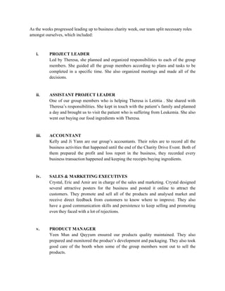 As the weeks progressed leading up to business charity week, our team split necessary roles
amongst ourselves, which included:
i. PROJECT LEADER
Led by Theresa, she planned and organized responsibilities to each of the group
members. She guided all the group members according to plans and tasks to be
completed in a specific time. She also organized meetings and made all of the
decisions.
ii. ASSISTANT PROJECT LEADER
One of our group members who is helping Theresa is Letittia . She shared with
Theresa’s responsibilities. She kept in touch with the patient’s family and planned
a day and brought us to visit the patient who is suffering from Leukemia. She also
went out buying our food ingredients with Theresa.
iii. ACCOUNTANT
Kelly and Ji Yann are our group’s accountants. Their roles are to record all the
business activities that happened until the end of the Charity Drive Event. Both of
them prepared the profit and loss report in the business, they recorded every
business transaction happened and keeping the receipts buying ingredients.
iv. SALES & MARKETING EXECUTIVES
Crystal, Eric and Amir are in charge of the sales and marketing. Crystal designed
several attractive posters for the business and posted it online to attract the
customers. They promote and sell all of the products and analysed market and
receive direct feedback from customers to know where to improve. They also
have a good communication skills and persistence to keep selling and promoting
even they faced with a lot of rejections.
v. PRODUCT MANAGER
Yeen Mun and Qayyum ensured our products quality maintained. They also
prepared and monitored the product’s development and packaging. They also took
good care of the booth when some of the group members went out to sell the
products.
 