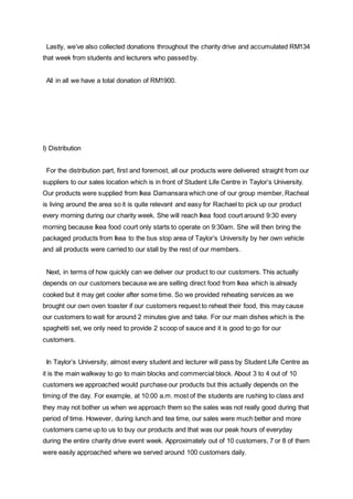Lastly, we’ve also collected donations throughout the charity drive and accumulated RM134
that week from students and lecturers who passed by.
All in all we have a total donation of RM1900.
I) Distribution
For the distribution part, first and foremost, all our products were delivered straight from our
suppliers to our sales location which is in front of Student Life Centre in Taylor’s University.
Our products were supplied from Ikea Damansara which one of our group member, Racheal
is living around the area so it is quite relevant and easy for Rachael to pick up our product
every morning during our charity week. She will reach Ikea food court around 9:30 every
morning because Ikea food court only starts to operate on 9:30am. She will then bring the
packaged products from Ikea to the bus stop area of Taylor’s University by her own vehicle
and all products were carried to our stall by the rest of our members.
Next, in terms of how quickly can we deliver our product to our customers. This actually
depends on our customers because we are selling direct food from Ikea which is already
cooked but it may get cooler after some time. So we provided reheating services as we
brought our own oven toaster if our customers request to reheat their food, this may cause
our customers to wait for around 2 minutes give and take. For our main dishes which is the
spaghetti set, we only need to provide 2 scoop of sauce and it is good to go for our
customers.
In Taylor’s University, almost every student and lecturer will pass by Student Life Centre as
it is the main walkway to go to main blocks and commercial block. About 3 to 4 out of 10
customers we approached would purchase our products but this actually depends on the
timing of the day. For example, at 10:00 a.m. most of the students are rushing to class and
they may not bother us when we approach them so the sales was not really good during that
period of time. However, during lunch and tea time, our sales were much better and more
customers came up to us to buy our products and that was our peak hours of everyday
during the entire charity drive event week. Approximately out of 10 customers, 7 or 8 of them
were easily approached where we served around 100 customers daily.
 