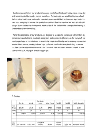 Customers want to buy our products because most of our food are freshly-made every day
and we conducted the quality control ourselves. For example, we would eat our own food
for lunch this could save up time for us walk to commercial block and we can also taste our
own food everyday to ensure the quality is consistent. For the meatball we also actually did
bought some before the charity drive week to test if the taste will be change after leaving it
unattended for the whole day.
As for the packaging of our products, we decided to use plastic containers with dividers to
contain our spaghetti and meatballs separately as the gravy is different. As for currypuff, we
used paper bags to contain them in order to be more eco-friendly and to save up on our cost
as well. Besides that, we kept all our kaya puffs and muffins in clear plastic bag to ensure
our food can be seen clearly to attract our customer. We also used an oven toaster to heat
up the curry puff, kaya puff and also apple pie.
F. Pricing
Set A1 Set A2
Set A ala-
carte Set A Promo Set B1 Set B2 Set B ala-carte
Sale
Price $12.00 $10.00 $8.00 $7.50 $12.00 $10.00 $8.00
Units 17 21 35 0 9 11 33
Rev $204.00 $210.00 $280.00 $0.00 $108.00 $110.00 $264.00
Sales
Price Set B Promo Curry Puff
Curry Puff
Promo Muffin
Muffin
Promo Apple Pie Apple Pie Promo
 