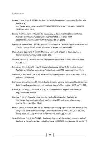 14
References
Armour, S. and Tracy, R. (2015). Big Banks to Get Higher Capital Requirement. [online] WSJ.
Available at:
http://www.wsj.com/articles/SB10001424052702303456104579489643124383708
[Accessed 8 Jan. 2015].
Benink, H. (2015). Turmoil Reveals the Inadequacy of Basel II. [online] Financial Times.
Available at: http://www.ft.com/cms/s/0/0e8404a2-e54e-11dc-9334-
0000779fd2ac.html#axzz3OC9wTYjO [Accessed 8 Jan. 2015].
Brasliņš, Ģ. and Arefjevs, I. (2014). Basel III: Countercyclical Capital Buffer Proposal-the Case
of Baltics. Procedia - Social and Behavioral Sciences, 110, pp.986-996.
Chami, R. and Cosimano, T. (2010). Monetary policy with a touch of Basel. Journal of
Economics and Business, 62(3), pp.161-175.
Clementi, D. (2001). Financial markets: implications for financial stability. Balance Sheet,
9(3), pp.7-12.
Cml.org.uk, (2015). Basel II - a guide to capital adequacy standards for lenders. [online]
Available at: http://www.cml.org.uk/cml/policy/issues/748 [Accessed 8 Jan. 2015].
Cosimano, T. and Hakura, D. (n.d.). Bank Behavior in Response to Basel III: A Cross-Country
Analysis. SSRN Journal.
Drehmann, M. and Juselius, M. (2014). Evaluating early warning indicators of banking crises:
Satisfying policy requirements. International Journal of Forecasting, 30(3), pp.759-780.
Hanson, S., Kashyap, A. and Stein, J. (n.d.). A Macroprudential Approach to Financial
Regulation.SSRN Journal.
Kingsley, P. (2012). Financial crisis: timeline. [online] the Guardian. Available at:
http://www.theguardian.com/business/2012/aug/07/credit-crunch-boom-bust-
timeline [Accessed 8 Jan. 2015].
Maes, I. (2012). Goodhart, The Basel Committee on Banking Supervision: The History of the
Early Years, 1974–1997 (Cambridge: Cambridge University Press, 2011, 624 pp., £95,
ISBN 9781107007239). Financial History Review, 19(03), pp.365-368.
News.bbc.co.uk, (2015). BBC NEWS | Business | Rush on Northern Rock continues. [online]
Available at: http://news.bbc.co.uk/1/hi/business/6996136.stm [Accessed 8 Jan. 2015].
 