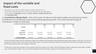 15
• We will use cost-volume-profit analysis to help understand the
interrelationship between the cost, volume and profit in an organization
by focusing on interactions between prices, volume, variable costs per unit
and total fixed costs.
Impact of the variable and
fixed costs
a.) Contribution Margin Ratio – this is the excess of sales over the total variable cost and amount which
contributes to covering fixed costs and providing operating profits.This is also the percentage of
contribution margin to total sales.
The CM ratio above shows how the contribution margin of the Jollibee Food Corporation will be affected by a given peso change in total sales. For 2019, the
company’s CM ratio is 29%, it means that for each peso increase in sales, total contribution margin will increase by P0.29. Net income likewise will increase
by P0.29 assuming that there is no changes in fixed costs.
The CM ratio is particularly valuable in those situations where the company must make a trade-offs between change in selling price and change in variable
costs. The contribution margin ratio is computed by dividing the total contribution margin by the total sales for each year.
2019 2018 2017 2016 2015
CM Ratio 29% 31% 31% 30% 25%
In Millions
Sales revenue 179,626.00 161,168.00 133,613.00 113,811.00 100,779.00
Variable costs 127,412.00 110,739.00 91,943.00 79,362.00 75,708.00
Contribution Margin 52,214.00 50,429.00 41,670.00 34,449.00 25,071.00
 
