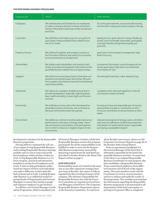 THE RESPONSIBLE BUSINESS PROGRAMME


  STAKEHOLDER                   POLICY                                                   EXPECTATIONS


  Employees                     We shall educate and facilitate for our employees        fair and equal treatment; secure and safe working
                                to make a conscious decision in favour of environ-       environment; training and career progress; fair pay
                                mental, ethical and social issues in their private and
                                work lives.

  Customers                     We shall inform and make it easy for our guests to       leading service; good value for money; flexible ap-
                                participate in Responsible Business related activi-      proach; environmentally responsible; good global
                                ties at our hotels.                                      coverage; benefits and generous loyalty pro-
                                                                                         grammes

  Property Owners               We shall work together with property owners to           good returns from property management; high
                                find innovative solutions that satisfy our economic,     level of security.
                                environmental and social objectives.

  Shareholders                  We shall provide shareholders and investors with         transparent information; sound strategy and cor-
                                timely, accurate and transparent information on Re-      porate governance; high return on investment;
                                sponsible Business related risks and opportunities.      minimisation of risks

  Suppliers                     We shall strive to purchase products that have a re-     fair and equal treatment; value-based pricing
                                duced environmental impact during their lifecycle,
                                from suppliers that demonstrate environmental and
                                social responsibility.

  Authorities                   We require our managers to abide by local and in-        compliance with rules and regulations; financial
                                ternational legislation, especially regarding labour     contributions (taxes and fees)
                                laws, health and safety, human rights and the envi-
                                ronment.

  Community                     We shall take an active role in the international re-    forming an active and responsible part of society;
                                sponsible business community, and contribute to          sponsorships of projects; contribution to infra-
                                the local communities where we operate.                  structure; contribution to attractiveness of desti-
                                                                                         nation

  Environment                   We shall do our utmost to continuously improve our       reduced consumption of energy, water, and chemi-
                                performance in the areas of energy, water, chemi-        cals; resource-efficiency; biodiversity protection;
                                cals and resource consumption, and waste genera-         minimisation of waste and emissions; responsible
                                tion in order to reduce our negative impact on the       purchasing; sustainable transport
                                environment.


developments and plans for the Responsible     all General Managers includes a dedicated         about Rezidor’s governance, please see the
Business programme.                            Responsible Business session that prepares        Corporate Governance Report on page 56 of
   During 2009 we continued the roll-out       participants for all the responsibilities to be   the Rezidor 2009 Annual Report.
of our unique Living Responsible Business      fulfilled in order to carry out the Respon-         From an operational standpoint it is
and Leading Responsible Business training      sible Business programme successfully.            the General Manager of the hotel that is
modules and we aim to train each newly         Reporting requirements for each hotel are         ultimately responsible for the hotel’s Re-
hired employee within 90 days of their ar-     described in further detail in the About This     sponsible Business activities. To assist him
rival. Living Responsible Business is a 2.5    Report section on page 4.                         or her there is an assigned Responsible
hour energetic, practical and interactive                                                        Business Coordinator at each property who
mandatory session for all employees at all     Governance                                        then establishes a Responsible Business
levels. It aims to help participants under-    Sustainability issues are treated in the same     Team consisting of employees from differ-
stand our impact and how each individual       way as any other important strategic busi-        ent functions and all levels of the organi-
can make a difference in their daily life,     ness issue at Rezidor; this aspect is fully in-   sation. The team members work with the
both at home and at work. Leading Respon-      tegrated into the overall governance of the       Coordinator to review current practices,
sible Business is an additional model tar-     company. The ultimate responsibility for          and act to achieve and audit the results of
geting Heads of Departments and General        Responsible Business lies with the Execu-         the programme. This includes ensuring that
Managers to ensure they lead by example        tive Committee at corporate level and Gen-        the information regarding the Responsible
and empower employees to get involved.         eral Managers at hotel level. The Corporate       Business programme is disseminated to all
   In addition, our General Manager Certifi-   Responsible Business Department reports           departments of the hotel and regular re-
cation Programme, which is mandatory for       to the Executive Committee. To read more          porting to Corporate Office is completed.

10  Responsible Business Report 2009
 
