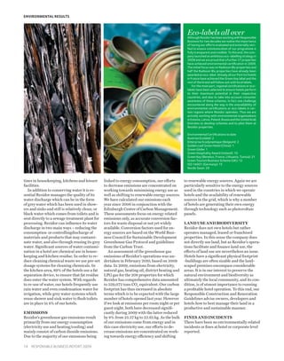 ENVIRONMENTAL RESULTS



                                                                                                     Eco-labels all over
                                                                                                     Although Rezidor has been working with Responsible
                                                                                                     Business for two decades we realise the importance
                                                                                                     of having our efforts evaluated and externally veri-
                                                                                                     fied to ensure communication of our programme is
                                                                                                     fully transparent and credible. To this end, the com-
                                                                                                     pany launched an ambitious eco-labelling strategy in
                                                                                                     2008 and we are proud that a further 27 properties
                                                                                                     have achieved environmental certification in 2009.
                                                                                                     The initial focus was on Radisson Blu properties and
                                                                                                     half the Radisson Blu properties have already been
                                                                                                     awarded an eco-label. Already all our Park Inn hotels
                                                                                                     in France have achieved the Green Key label and the
                                                                                                     rest of the brand will follow suit with local labels.
                                                                                                         For the most part, regional certifications or eco-
                                                                                                     labels have been selected to ensure hotels perform
                                                                                                     to their maximum potential in their respective
                                                                                                     countries, and also to take into account consumer
                                                                                                     awareness of these schemes. In fact one challenge
                                                                                                     encountered along the way is the unavailability of
                                                                                                     environmental certifications or eco-labels in cer-
                                                                                                     tain regions where Rezidor operates. Thus we are
                                                                                                     actively working with environmental organisations
                                                                                                     in Estonia, Latvia, Poland, Russia and the United Arab
                                                                                                     Emirates to develop schemes and to pilot them at
                                                                                                     Rezidor properties.

                                                                                                     Environmental Certifications to date
                                                                                                     Austrian Ecolabel: 2
                                                                                                     Enterprise Ecodynamique (Belgium): 2
                                                                                                     Golden Leaf Green Hotel (China): 1
                                                                                                     Green Globe: 1
                                                                                                     Green Hospitality Award (Ireland): 10
                                                                                                     Green Key (Benelux, France, Lithuania, Tunisia): 21
                                                                                                     Green Tourism Business Scheme (UK): 12
                                                                                                     ISO 14001 (Germany): 15
                                                                                                     Nordic Swan: 29



tines in housekeeping, kitchens and leisure       linked to energy consumption, our efforts        to renewable energy sources. Again we are
facilities.                                       to decrease emissions are concentrated on        particularly sensitive to the energy sources
   In addition to conserving water it is es-      working towards minimising energy use as         used in the countries in which we operate
sential Rezidor manages the quality of its        well as shifting to renewable energy sources.    hotels and the availability of renewable
water discharge which can be in the form          We have calculated our emissions each            sources in the grid, which is why a number
of grey water which has been used in show-        year since 2006 in conjunction with the          of hotels are generating their own energy
ers and sinks and still is relatively clean; or   Edinburgh Centre of Carbon Management.           through technology such as photovoltaic
black water which comes from toilets and is       These assessments focus on energy related        panels.
sent directly to a sewage treatment plant for     emissions only, as accurate conversion fac-
processing. Rezidor can influence its water       tors for waste disposal or not yet widely        Land use and biodiversity
discharge in two main ways – reducing the         available. Conversion factors used for en-       Rezidor does not own hotels but rather
consumption or controllingdischarge of            ergy sources are based on the World Busi-        operates managed, leased or franchised
materials and products that may contami-          ness Council for Sustainable Development         properties. In this sense the company does
nate water, and also through reusing its grey     Greenhouse Gas Protocol and guidelines           not directly use land, but as Rezidor’s opera-
water. Significant sources of water contami-      from the Carbon Trust.                           tions facilitate and finance land use, the
nation in a hotel are chemical use in house-         An assessment of the greenhouse gas           effects of land use are nevertheless an issue.
keeping and kitchen residue. In order to re-      emissions of Rezidor’s operations was un-        Hotels have a significant physical footprint
duce cleaning chemical waste we use pre-set       dertaken in February 2010, based on 2009         -buildings are often sizable and the land-
dosage systems for cleaning chemicals. In         data. In 2009, emissions from electricity,       scaped premises encompass considerable
the kitchen area, 89% of the hotels use a fat     natural gas, heating oil, district heating and   areas. It is in our interest to preserve the
separation device, to ensure that fat residue     LPG gas for the 208 properties for which         natural environment and biodiversity as
does enter the water system. With regards         Rezidor has comprehensive data amounted          ultimately the local community, and its con-
to re-use of water, our hotels frequently use     to 329,072 tons CO2 equivalent. Our carbon       dition, is of utmost importance to running
rain water and even condensation water for        footprint has thus increased in absolute         a profitable hotel operation. To this end, our
irrigation, while grey water systems which        terms which is to be expected with the large     Responsible Construction and Renovation
reuse shower and sink water to flush toilets      number of hotels opened last year. However       Guidelines advise owners, developers and
are in place in 4% of our hotels.                 if we look at emissions per room night or per    hotels how to best manage their land in a
                                                  guest night, both have decreased signifi-        productive and sustainable manner.
Emissions                                         cantly during 2009 with the latter reduced
Rezidor’s greenhouse gas emissions result         by 8% from 25.57 kg to 23.65 kg. As the bulk     Fines and Incidents
primarily from our energy consumption             of our emissions come from energy and in         There have been no environmentally related
(electricity use and heating/cooling) and         this case electricity use, our efforts to de-    incidents or fines at hotel or corporate level
mainly consist of carbon dioxide emissions.       crease emissions are concentrated on work-       reported.
Due to the majority of our emissions being        ing towards energy efficiency and shifting

14  Responsible Business Report 2009
 