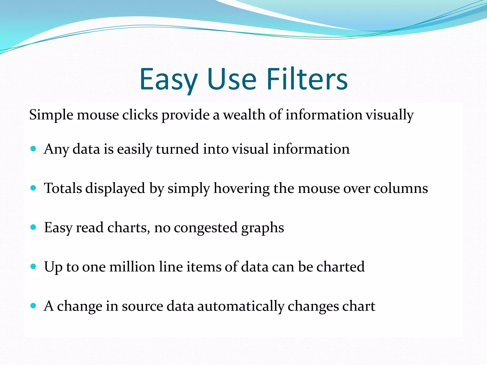 Easy Use Filters
Simple mouse clicks provide a wealth of information visually
 Any data is easily turned into visual information
 Totals displayed by simply hovering the mouse over columns
 Easy read charts, no congested graphs
 Up to one million line items of data can be charted
 A change in source data automatically changes chart
 