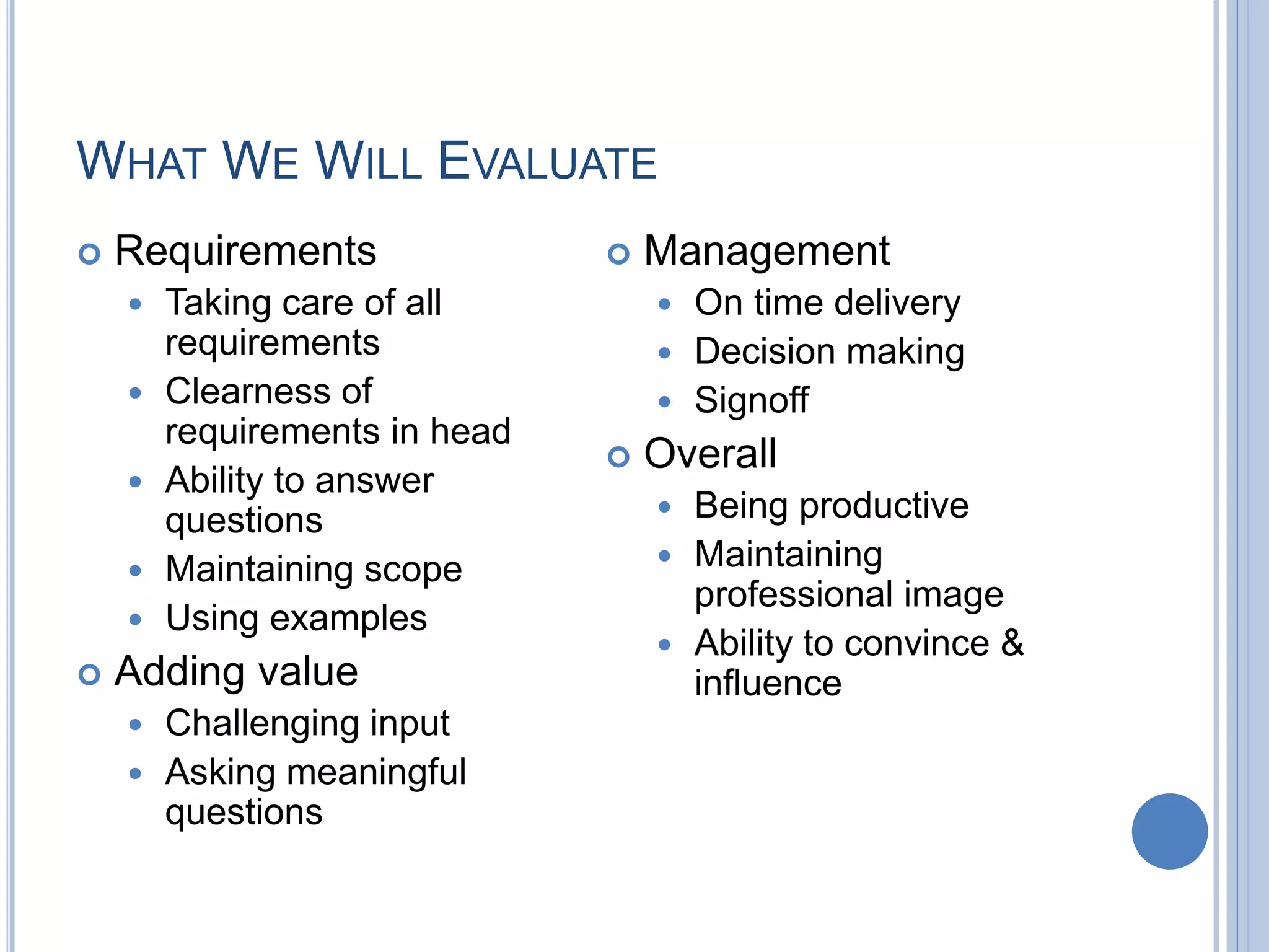 WHAT WE WILL EVALUATE
 Requirements
 Taking care of all
requirements
 Clearness of
requirements in head
 Ability to answer
questions
 Maintaining scope
 Using examples
 Adding value
 Challenging input
 Asking meaningful
questions
 Management
 On time delivery
 Decision making
 Signoff
 Overall
 Being productive
 Maintaining
professional image
 Ability to convince &
influence
 
