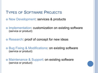 TYPES OF SOFTWARE PROJECTS
 New Development: services & products
 Implementation: customization on existing software
(service or product)
 Research: proof of concept for new ideas
 Bug Fixing & Modifications: on existing software
(service or product)
 Maintenance & Support: on existing software
(service or product)
 