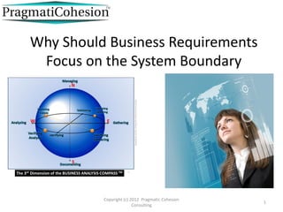 Copyright (c) 2012 Pragmatic Cohesion
Consulting
1
Why Should Business Requirements
Focus on the System Boundary
Making your Customers’ Needs the TRUE focus of your IT Projects.
 
