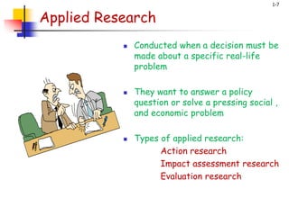 1-7
Applied Research
 Conducted when a decision must be
made about a specific real-life
problem
 They want to answer a policy
question or solve a pressing social ,
and economic problem
 Types of applied research:
Action research
Impact assessment research
Evaluation research
 