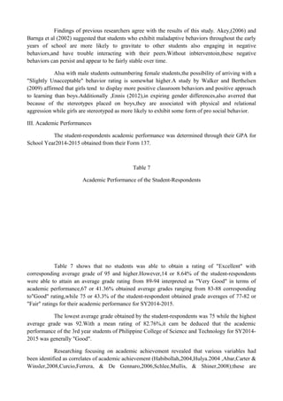 Findings of previous researchers agree with the results of this study. Akey,(2006) and
Barnga et al (2002) suggested that students who exhibit maladaptive behaviors throughout the early
years of school are more likely to gravitate to other students also engaging in negative
behaviors,and have trouble interacting with their peers.Without inbterventoin,these negative
behaviors can persist and appear to be fairly stable over time.
Alsa with male students outnumbering female students,the possibility of arriving with a
"Slightly Unacceptable" behavior rating is somewhat higher.A study by Walker and Berthelsen
(2009) affirmed that girls tend to display more positive classroom behaviors and positive approach
to learning than boys.Additionally ,Ennis (2012),in expiring gender differences,also averred that
because of the stereotypes placed on boys,they are associated with physical and relational
aggression while girls are stereotyped as more likely to exhibit some form of pro social behavior.
III. Academic Performances
The student-respondents academic performance was determined through their GPA for
School Year2014-2015 obtained from their Form 137.
Table 7
Academic Performance of the Student-Respondents
Table 7 shows that no students was able to obtain a rating of "Excellent" with
corresponding average grade of 95 and higher.However,14 or 8.64% of the student-respondents
were able to attain an average grade rating from 89-94 interpreted as "Very Good" in terms of
academic performance,67 or 41.36% obtained average grades ranging from 83-88 corresponding
to"Good" rating,while 75 or 43.3% of the student-respondent obtained grade averages of 77-82 or
"Fair" ratings for their academic performance for SY2014-2015.
The lowest average grade obtained by the student-respondents was 75 while the highest
average grade was 92.With a mean rating of 82.76%,it cam be deduced that the academic
performance of the 3rd year students of Philippine College of Science and Technology for SY2014-
2015 was generally "Good".
Researching focusing on academic achievement revealed that various variables had
been identified as correlates of academic achievement (Habibollah,2004,Hulya.2004 ,Abar,Carter &
Winsler,2008,Curcio,Ferrera, & De Gennaro,2006,Schlee,Mullis, & Shiner,2008);these are
 