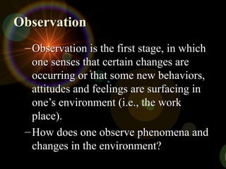 ObservationObservation
– Observation is the first stage, in whichObservation is the first stage, in which
one senses that certain changes areone senses that certain changes are
occurring or that some new behaviors,occurring or that some new behaviors,
attitudes and feelings are surfacing inattitudes and feelings are surfacing in
one’s environment (i.e., the workone’s environment (i.e., the work
place).place).
– How does one observe phenomena andHow does one observe phenomena and
changes in the environment?changes in the environment?
 