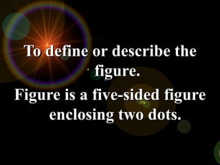 To define or describe the
To define or describe the
figure.
figure.
Figure is a five-sided figure
Figure is a five-sided figure
enclosing two dots.
enclosing two dots.
 