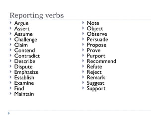 Reporting verbs
   Argue            Note
   Assert           Object
   Assume           Observe
   Challenge        Persuade
   Claim            Propose
   Contend          Prove
   Contradict       Purport
   Describe         Recommend
   Dispute          Refute
   Emphasize        Reject
   Establish        Remark
   Examine          Suggest
   Find             Support
   Maintain
 