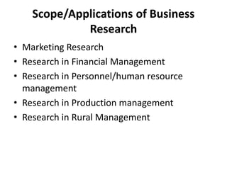 Scope/Applications of Business
Research
• Marketing Research
• Research in Financial Management
• Research in Personnel/human resource
management
• Research in Production management
• Research in Rural Management
 