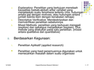 12/19/25 Zulganef-Business Research Methods I 1 - 17
3. Explanatory: Penelitian yang bertujuan menelaah
kausalitas (sebab-akibat) antar variabel yang
menjelaskan suatu fenomena tertentu (mis: hubungan
antara gaji dengan motivasi, atau hubungan antara
jumlah wanita karir dengan kenakalan remaja)
4. Descriptive Verificative: Mendeskripsikan dan
memverifikasi penelitian sebelumnya.
5. Mixed Methods: penelitian yang bertujuan menggali
(explore) dan sekaligus menjelaskan (explain). Dua
metode yang dilakukan pada satu penelitian. (mixed
antara qualitative dan quantitative)
B. Berdasarkan Kegunaan:
1. Penelitian Aplikatif (applied research)
 Penelitian yang hasil penemuannya digunakan untuk
memecahkan masalah dalam suatu organisasi
 