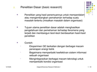 12/19/25 Zulganef-Business Research Methods I 1 - 19
2. Penelitian Dasar (basic research)
 Penelitian yang hasil penemuannya untuk memperdalam
atau mengembangkan pemahaman terhadap suatu
masalah tertentu (misalkan masalah dalam organisasi)
 Tujuan utama penelitian dasar adalah menghasilkan
pengetahuan dan pemehaman terhadap fenomena yang
terjadi dan membangun teori-teori berdasarkan hasil-hasil
penelitian
 Contoh:
 Eksperimen GE berkaitan dengan berbagai macam
penerapan energi listrik
 Bagaimana memperbaiki keefektivan sistem informasi
sebuah organisasi
 Mengintegrasikan berbagai macam teknologi untuk
memperbaiki kondisi organisasi
 