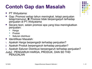 Contoh Gap dan Masalah
 PT Widyatama:
 Gap: Promosi setiap tahun meningkat, tetapi penjualan
tetap/menurun  Promosi tidak berpengarjuh terhadap
penjualan di PT.Widyatama
 Secara teori, selain promosi apa yang bisa meningkatkan
penjualan:
 Harga
 Produk
 Saluran distribusi
 Identifikasi Masalah:
1. Apakah Harga berpengarjh terhadap penjualan?
2. Apakah Produk berpengaruh terhadap penjualan?
3. Apakah Saluran Distribusi berpengaruh terhadap penjualan?
Judul : PENGARUH HARGA, PRODUK, DAN SD THD
PENJUALAN
12/19/25 Zulganef-Business Research Methods I 1 - 21
 