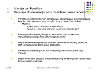 12/19/25 Zulganef-Business Research Methods I 1 - 33
IV. Manajer dan Penelitian
 Beberapa alasan manajer perlu memahami proses penelitian
 Penelitian dapat memberikan pemahaman, pengendalian, dan memprediksi
kejadian atau fenomena yang mungkin kurang dapat diperkirakan
• Misalnya:
• apakah suatu produk baru akan laku terjual?
• Apakah investasi yang dilakukan akan memberi keuntungan?
 Proses penelitian sebagai langkah awal dalam merumuskan atau
menganalisis suatu permasalahan (logika berpikir)
 Dapat membedakan penelitian baik dan penelitian buruk yang dilakukan
oleh konsultan atau orang diluar organisasi
 Penelitian dapat merupakan alat untuk pengambilan keputusan bagi
manajer
 Dapat memahami berbagai macam faktor yang mempengaruhi suatu situasi
tertentu dalam organisasi
 
