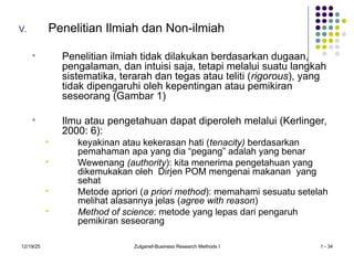12/19/25 Zulganef-Business Research Methods I 1 - 34
V. Penelitian Ilmiah dan Non-ilmiah
 Penelitian ilmiah tidak dilakukan berdasarkan dugaan,
pengalaman, dan intuisi saja, tetapi melalui suatu langkah
sistematika, terarah dan tegas atau teliti (rigorous), yang
tidak dipengaruhi oleh kepentingan atau pemikiran
seseorang (Gambar 1)
 Ilmu atau pengetahuan dapat diperoleh melalui (Kerlinger,
2000: 6):
 keyakinan atau kekerasan hati (tenacity) berdasarkan
pemahaman apa yang dia “pegang” adalah yang benar
 Wewenang (authority): kita menerima pengetahuan yang
dikemukakan oleh Dirjen POM mengenai makanan yang
sehat
 Metode apriori (a priori method): memahami sesuatu setelah
melihat alasannya jelas (agree with reason)
 Method of science: metode yang lepas dari pengaruh
pemikiran seseorang
 