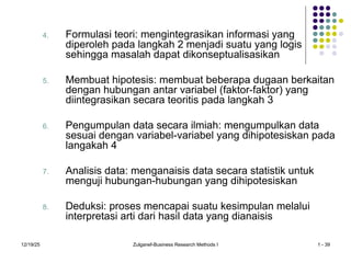 12/19/25 Zulganef-Business Research Methods I 1 - 39
4. Formulasi teori: mengintegrasikan informasi yang
diperoleh pada langkah 2 menjadi suatu yang logis
sehingga masalah dapat dikonseptualisasikan
5. Membuat hipotesis: membuat beberapa dugaan berkaitan
dengan hubungan antar variabel (faktor-faktor) yang
diintegrasikan secara teoritis pada langkah 3
6. Pengumpulan data secara ilmiah: mengumpulkan data
sesuai dengan variabel-variabel yang dihipotesiskan pada
langakah 4
7. Analisis data: menganaisis data secara statistik untuk
menguji hubungan-hubungan yang dihipotesiskan
8. Deduksi: proses mencapai suatu kesimpulan melalui
interpretasi arti dari hasil data yang dianaisis
 