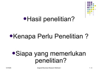 12/19/25 Zulganef-Business Research Methods I 1 - 5
Hasil penelitian?
Kenapa Perlu Penelitian ?
Siapa yang memerlukan
penelitian?
 