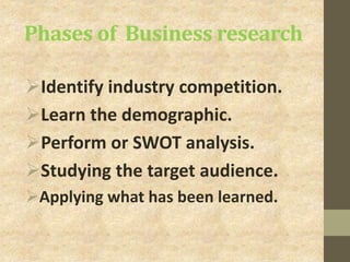 Phases of Business research
Identify industry competition.
Learn the demographic.
Perform or SWOT analysis.
Studying the target audience.
Applying what has been learned.
 