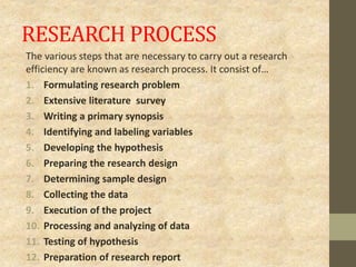 RESEARCH PROCESS
The various steps that are necessary to carry out a research
efficiency are known as research process. It consist of…
1. Formulating research problem
2. Extensive literature survey
3. Writing a primary synopsis
4. Identifying and labeling variables
5. Developing the hypothesis
6. Preparing the research design
7. Determining sample design
8. Collecting the data
9. Execution of the project
10. Processing and analyzing of data
11. Testing of hypothesis
12. Preparation of research report
 