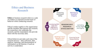 Ethics and Business
Research
Ethics in business research refers to a code
of conduct or expected societal norm of
behavior while conducting research.
Ethical conduct applies to the organization
and the members that sponsor the research,
the researchers who undertake the
research, and the respondents who provide
them with the necessary data.
Ethical behavior pervades each step of the
research process – data collection, data
analysis, reporting, and dissemination of
information on the Internet, if such an
activity is undertaken.
 