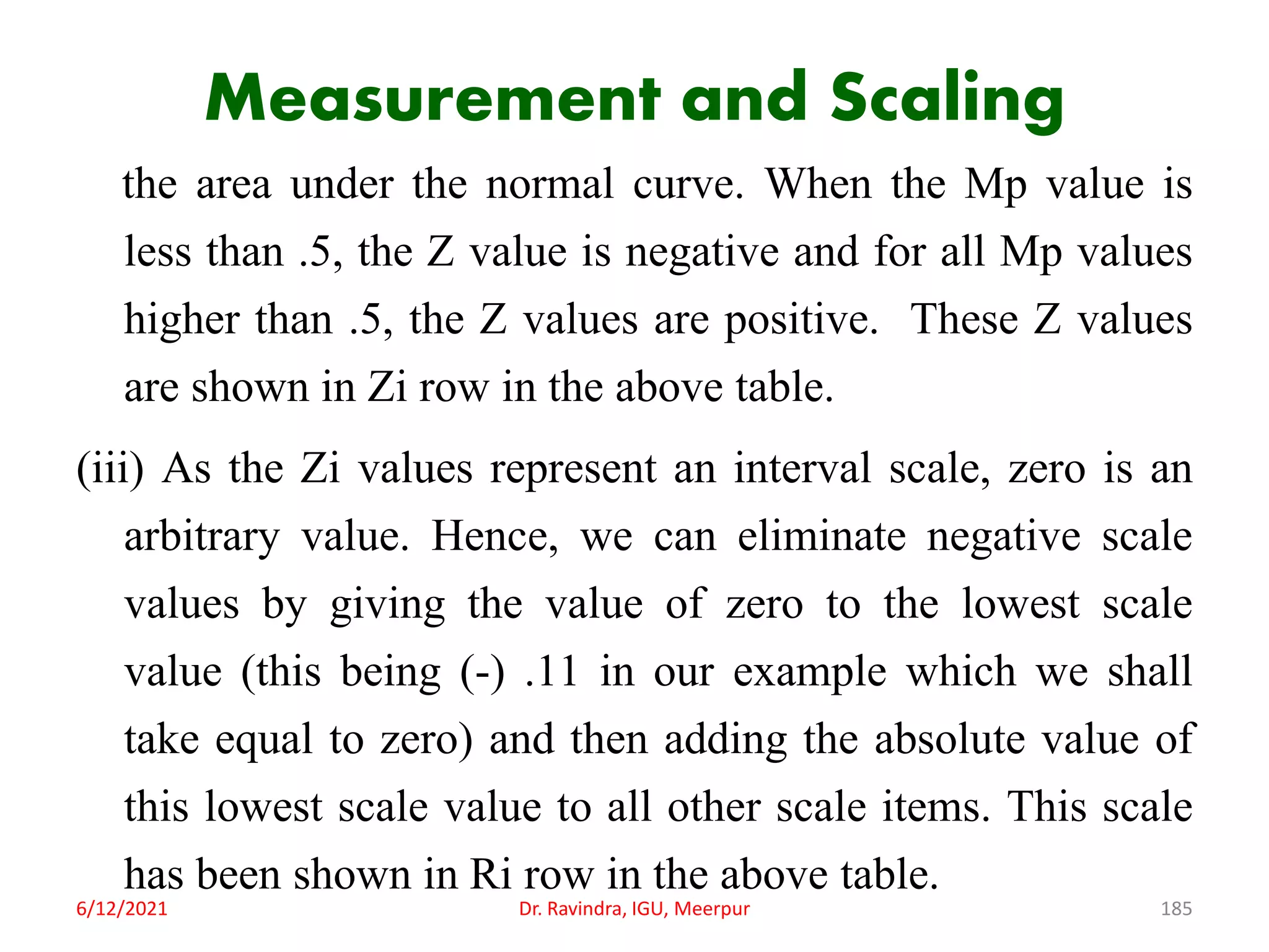 Measurement and Scaling
the area under the normal curve. When the Mp value is
less than .5, the Z value is negative and for all Mp values
higher than .5, the Z values are positive. These Z values
are shown in Zi row in the above table.
(iii) As the Zi values represent an interval scale, zero is an
arbitrary value. Hence, we can eliminate negative scale
values by giving the value of zero to the lowest scale
value (this being (-) .11 in our example which we shall
take equal to zero) and then adding the absolute value of
this lowest scale value to all other scale items. This scale
has been shown in Ri row in the above table.
6/12/2021 Dr. Ravindra, IGU, Meerpur 185
 