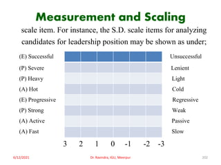 Measurement and Scaling
scale item. For instance, the S.D. scale items for analyzing
candidates for leadership position may be shown as under;
(E) Successful Unsuccessful
(P) Severe Lenient
(P) Heavy Light
(A) Hot Cold
(E) Progressive Regressive
(P) Strong Weak
(A) Active Passive
(A) Fast Slow
3 2 1 0 -1 -2 -3
6/12/2021 Dr. Ravindra, IGU, Meerpur 202
 