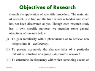 Objectives of Research
through the application of scientific procedure. The main aim
of research is to find out the truth which is hidden and which
has not been discovered as yet. Though each research study
has it own specific purpose, we mention some general
objectives of research below:
(i) To gain familiarity with a phenomenon or to achieve new
insights into it – exploratory.
(ii) To portray accurately the characteristics of a particular
individual, situation or a group – descriptive research.
(iii) To determine the frequency with which something occurs or
5/7/2021 Dr. Ravindra, IGU, Meerpur 5
 