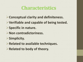 Characteristics
Conceptual clarity and definiteness.
Verifiable and capable of being tested.
Specific in nature.
Non contradictoriness.
Simplicity.
Related to available techniques.
Related to body of theory.
 