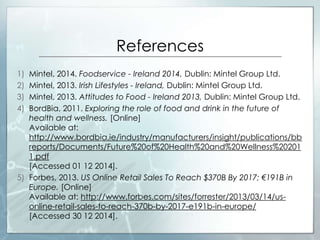 References
1) Mintel, 2014. Foodservice - Ireland 2014, Dublin: Mintel Group Ltd.
2) Mintel, 2013. Irish Lifestyles - Ireland, Dublin: Mintel Group Ltd.
3) Mintel, 2013. Attitudes to Food - Ireland 2013, Dublin: Mintel Group Ltd.
4) BordBia, 2011. Exploring the role of food and drink in the future of
health and wellness. [Online]
Available at:
http://www.bordbia.ie/industry/manufacturers/insight/publications/bb
reports/Documents/Future%20of%20Health%20and%20Wellness%20201
1.pdf
[Accessed 01 12 2014].
5) Forbes, 2013. US Online Retail Sales To Reach $370B By 2017; €191B in
Europe. [Online]
Available at: http://www.forbes.com/sites/forrester/2013/03/14/us-
online-retail-sales-to-reach-370b-by-2017-e191b-in-europe/
[Accessed 30 12 2014].
 