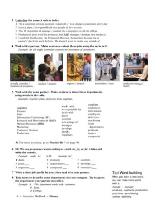 3 Underline the correct verb in italics.
1 I'm a customer services assistant. I deal with / 'm in charge o/customers every day
2 Jessica plans / is responsible for ten people in her section.
3 The IT department develops / controls the computers in all the offices.
4 Production deals with the products, but R&D manages / develops new products.
5 I work for Guilherme, the Financial Director. Sometimes he asks me to
control / check his work for him. He doesn't want to make any mistakes!
4 Work with a partner. Make sentences about these jobs using the verbs in 2.
Example: An air traffic controller controls the movement of aeroplanes.
air traffic controller /
movement of aeroplanes
teachers / students

«НИИ
engineer / projects team leaders / team
5 Work with the same partner. Make sentences about these departments
using words in the table.
Example: Logistics plans deliveries from suppliers.
Logistics
Finance
Sales
Information Technology (IT)
Research and Development (R&D)
Human Resources (HR)
Marketing
Customer Services
Production
works with
is responsible for
deals with
plans
controls
is in charge of
manages
develops
checks
organizes
suppliers
customers
information
employees
deliveries
machinery
other
departments
products
money
computers
production mana,
factory
ger/
У) For more exercises, go to Practice file 7 on page 90.
6 38> We can pronounce words ending in -s with /s/, /z/, or /iz/. Listen and
write the sounds.
Example: works AL
1 deals
2 plans
3 organizes
is llL manages /iz/
4 products
5 departments
6 computers
7 controls
8 develops
9 resources
7 Write a short job profile for you, then read it to your partner.
8 Take turns to describe some departments in your company. Try to guess
the department your partner describes.
Example: A This department works with customers.
В Sales.
A Correct.
© » Interactive Workbook » Glossary
Tip I Word building
When you learn a new word,
you can make more words
with it:
manage - manager
produce - products, production
purchase - purchasing
deliver - delivery
 