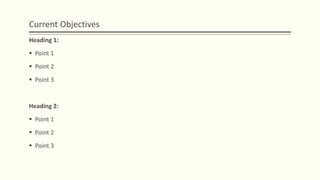 Current Objectives
Heading 1:
 Point 1
 Point 2
 Point 3
Heading 2:
 Point 1
 Point 2
 Point 3
 