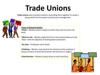 Trade Unions
Trade unions exist to protect workers, by binding them together to create a
         group which has the power to stand up to management.




    Types of Industrial Action
    •Strike – Workers select a day(s) on which they will not come into
    work.

    •Work to rule – Workers apply the firm’s rules and procedures to the
    ‘letter’ with the objective of slowing down production.

    •Go slow – Employees work slowly

    •Picketing – Workers may stand at the entrance to the employer’s
    factory or place of work demonstrate with banners or slogans.

    •Overtime ban – Workers simply refuse to work overtime.
 