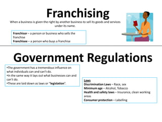 Franchising
  When a business is given the right by another business to sell its goods and services
                                    under its name.

    Franchisor – a person or business who sells the
    franchise
    Franchisee – a person who buys a franchise




    Government Regulations
•The government has a tremendous influence on
what individuals can and can’t do.
•In the same way it lays out what businesses can and
can’t do.                                                 Laws
•These are laid down as laws or “legislation”.            Discrimination Laws – Race, sex
                                                          Minimum age – Alcohol, Tobacco
                                                          Health and safety laws – Insurance, clean working
                                                          areas
                                                          Consumer protection – Labelling
 
