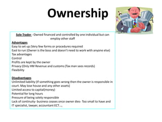 Ownership
   Sole Trader - Owned financed and controlled by one individual but can
                              employ other staff
Advantages
Easy to set up (Very few forms or procedures required
East to run (Owner is the boss and doesn’t need to work with anyone else)
Tax advantages
Control
Profits are kept by the owner
Privacy (Only HM Revenue and customs (Tax man sees records)
Flexibility

Disadvantages
Unlimited liability (If something goes wrong then the owner is responsible in
court. May lose house and any other assets)
Limited access to capital(money)
Potential for long hours
Pressure of being solely responsible
Lack of continuity- business ceases once owner dies- Too small to have and
IT specialist, lawyer, accountant ECT…,
 