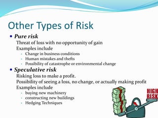 Other Types of Risk
 Pure risk
Threat of loss with no opportunity of gain
Examples include
• Change in business conditions
• Human mistakes and thefts
• Possibility of catastrophe or environmental change
 Speculative risk
Risking loss to make a profit.
Possibility of seeing a loss, no change, or actually making profit
Examples include
• buying new machinery
• constructing new buildings
• Hedging Techniques
 