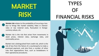 MARKET
RISK
TYPES
OF
FINANCIAL RISKS
Market risk relates to the probability of incurring a loss
due to things like market volatility, hikes in interest
rates or raw material costs, fluctuation in foreign
currency values, etc.
Market risk is the risk that arises from movements in
stock prices, interest rates, exchange rates, and
commodity prices.
Market risk is distinguished from credit risk, which is the
risk of loss from the failure of a counterparty to make a
promised payment, and also from a number of other
risks that organizations face, such as breakdowns in
their operational procedures.
 