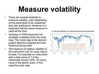 Measure volatility There are several methods to measure volatility, each depending on the parameter to be measured and user preference. However it is important that the same measure is used all the time. Variance in TCM measures the variability (volatility) from the route map. The route map is the desired project objective adapted from the historical survey data. The measure of relative volatility of the instrument over its route map is its beta. For example an instrument with a beta value of 1.2 has historically moved 120%  for every move in the bench mark, in this case the route map. 