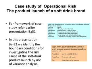 Case study of  Operational Risk  The product launch of a soft drink brand For framework of case-study refer earlier presentation Ba31 In this presentation Ba-32 we identify the boundary conditions for investigating the risk cause of the soft-drink product launch by use of variance analysis. Case: Risk Measurement for the product launch of  an aerated soft drink. Project Name  :Zephyr Vertical  :FMCG Domain  :Marketing & Advertisement Deliverable  :Brand launch of a new soft drink  Vehicle  :Promotional campaign for the launch  Association  :Taste association with Brand name Taste  :Tangy, “zyzy” taste at the tip of the tongue  Campaign  :A promotional campaign to match the unforgettable Product Quality  : A fizzy drink blended with a salt that is mildly pungent and tickles (irritates) the skin at the tongue tip for a few minutes. A matching promotional campaign that creates the feel Project Cost  :  Launch cost USD 45 million Project Time  : To kill point in 20 weeks Risk  :  Insignificant market response 
