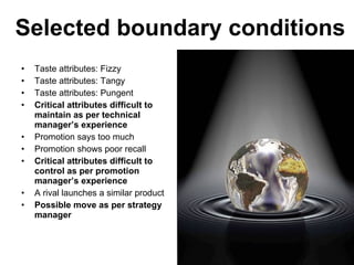 Selected boundary conditions Taste attributes: Fizzy Taste attributes: Tangy Taste attributes: Pungent Critical attributes difficult to maintain as per technical manager’s experience Promotion says too much Promotion shows poor recall Critical attributes difficult to control as per promotion manager’s experience A rival launches a similar product  Possible move as per strategy manager 