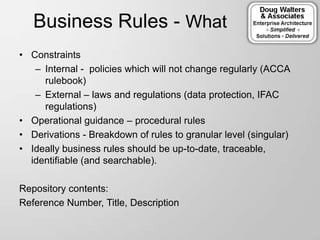 Business Rules - What
• Constraints
– Internal - policies which will not change regularly (ACCA
rulebook)
– External – laws and regulations (data protection, IFAC
regulations)
• Operational guidance – procedural rules
• Derivations - Breakdown of rules to granular level (singular)
• Ideally business rules should be up-to-date, traceable,
identifiable (and searchable).
Repository contents:
Reference Number, Title, Description
 