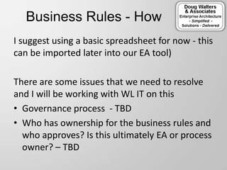 Business Rules - How
I suggest using a basic spreadsheet for now - this
can be imported later into our EA tool)
There are some issues that we need to resolve
and I will be working with WL IT on this
• Governance process - TBD
• Who has ownership for the business rules and
who approves? Is this ultimately EA or process
owner? – TBD
 